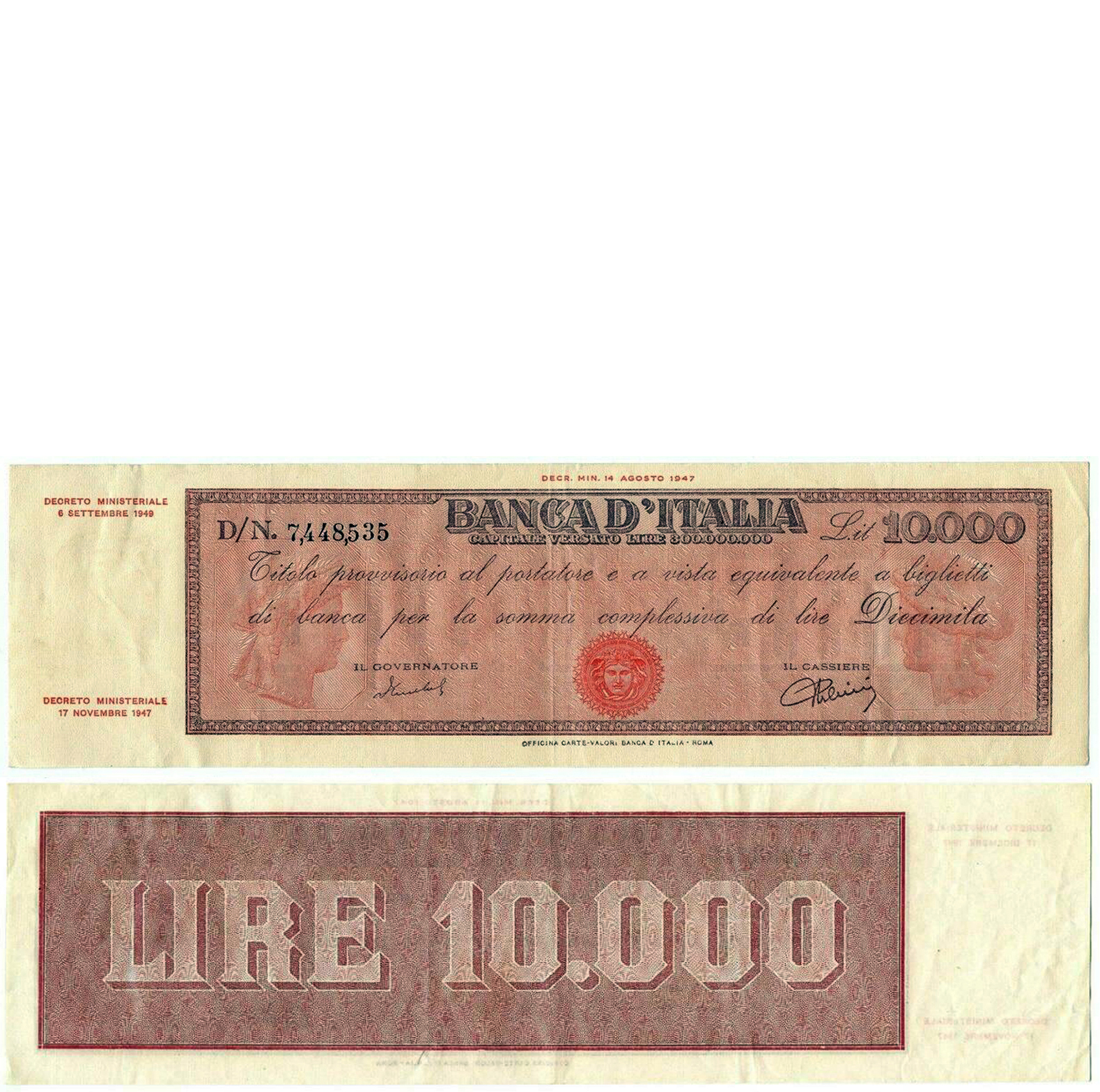 Banconota 10000 Lire "Titolo Provvisorio (Medusa)" -  Italia - 1947 