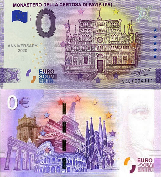 Banconota 0 Euro Monastero della Certosa di Pavia (ANNIVERSARY) -  Italia - 2020 