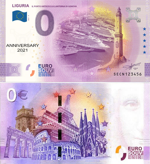 Banconota 0 Euro Liguria "Il Porto Antico e la Lanterna di Genova" (ANNIVERSARY) -  Italia - 2021 