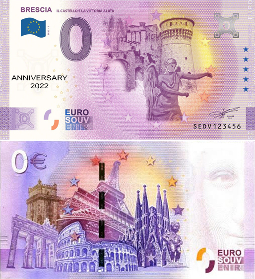 Banconota 0 Euro Brescia "Il Castello e la Vittoria Alata" (ANNIVERSARY) -  Italia - 2022 