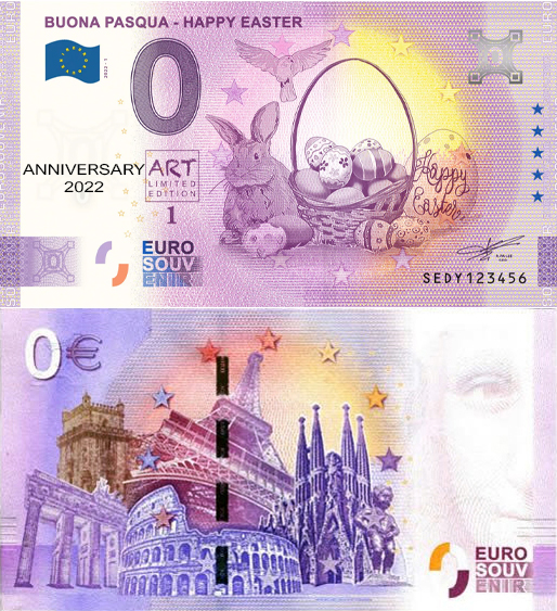 Banconota 0 Euro Buona Pasqua - Happy Easter (ANNIVERSARY) -  Italia - 2022 