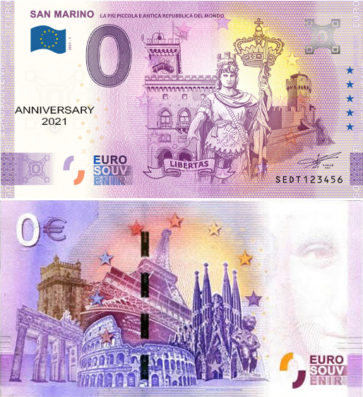 Banconota 0 Euro San Marino "La più Piccola e Antica Repubblica del Mondo" (ANNIVERSARY) -  Repubblica di San Marino - 2021 