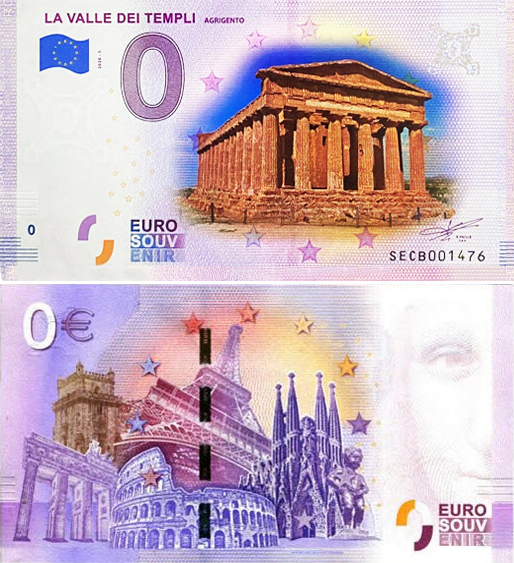 Banconota 0 Euro La Valle dei Templi "Agrigento" (COLORATA) -  Italia - 2020 