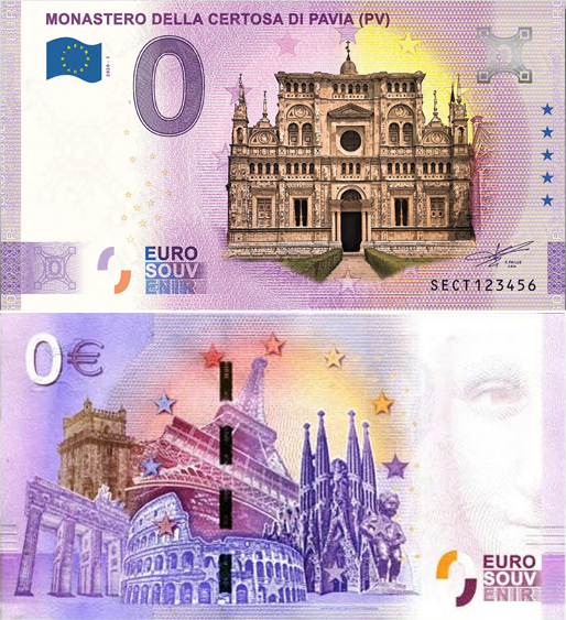 Banconota 0 Euro Monastero della Certosa di Pavia (COLORATA) -  Italia - 2020 
