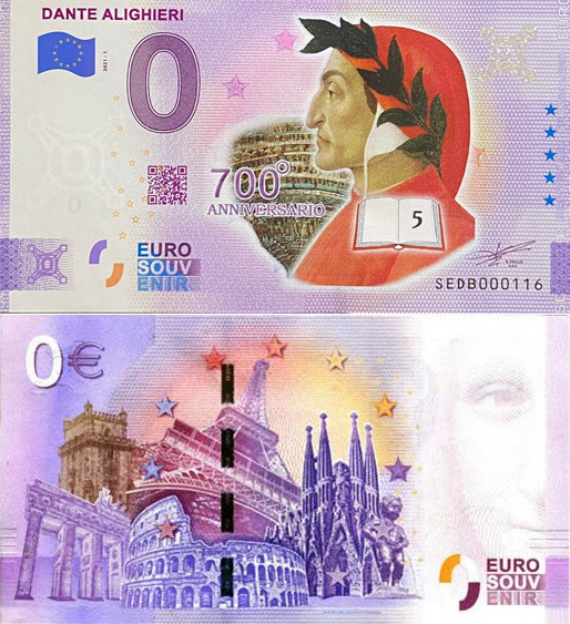 Banconota 0 Euro Dante Alighieri (COLORATA) -  Italia - 2021 