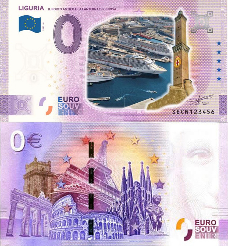 Banconota 0 Euro Liguria "Il Porto Antico e la Lanterna di Genova" (COLORATA) -  Italia - 2021 