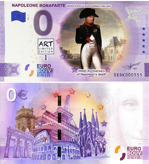 Banconota 0 Euro Napoleone Bonaparte "Regno d'Italia Napoleonico (1805-1814)" (COLORATA) -  Italia - 2021 