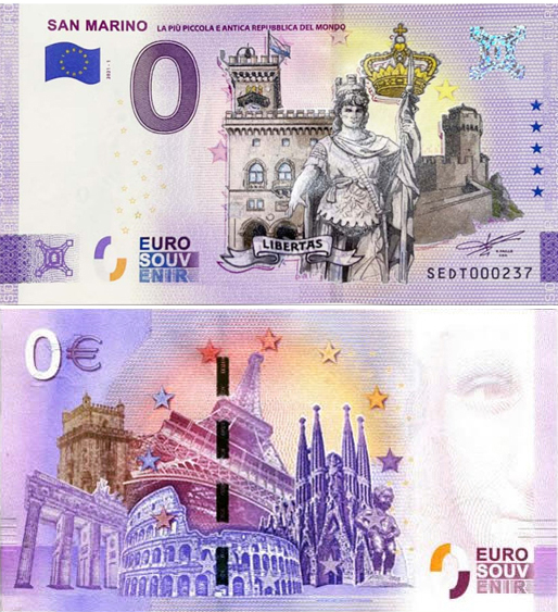 Banconota 0 Euro San Marino "La più Piccola e Antica Repubblica del Mondo" (COLORATA) -  Italia - 2021 
