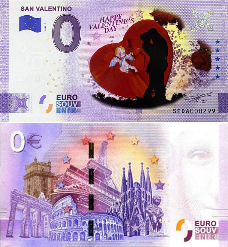 Banconota 0 Euro San Valentino (COLORATA) -  Italia - 2021 