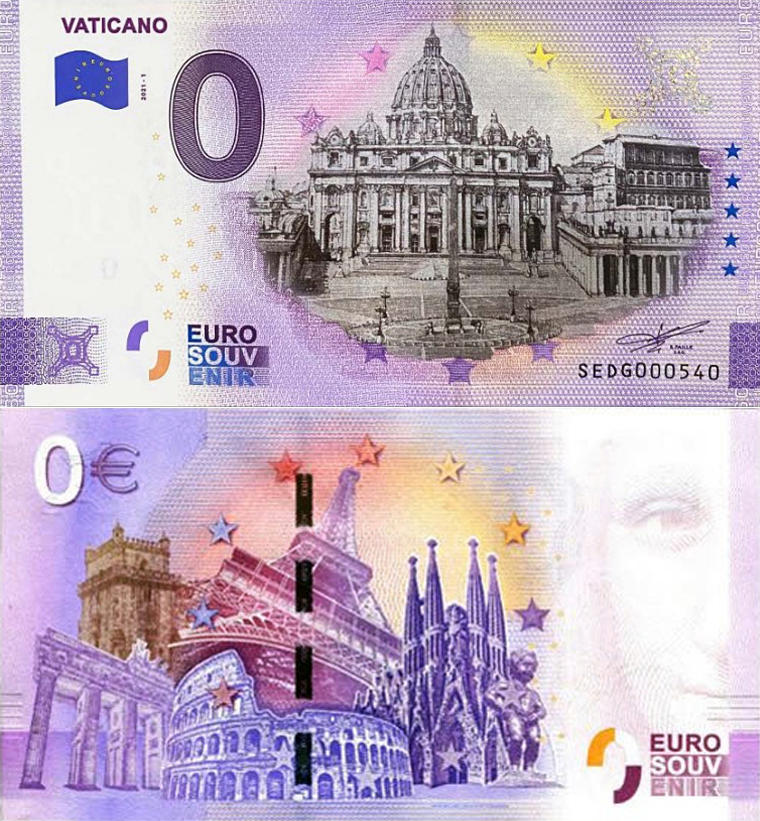 Banconota 0 Euro Vaticano - Basilica San Pietro (COLORATA) -  Italia - 2021 