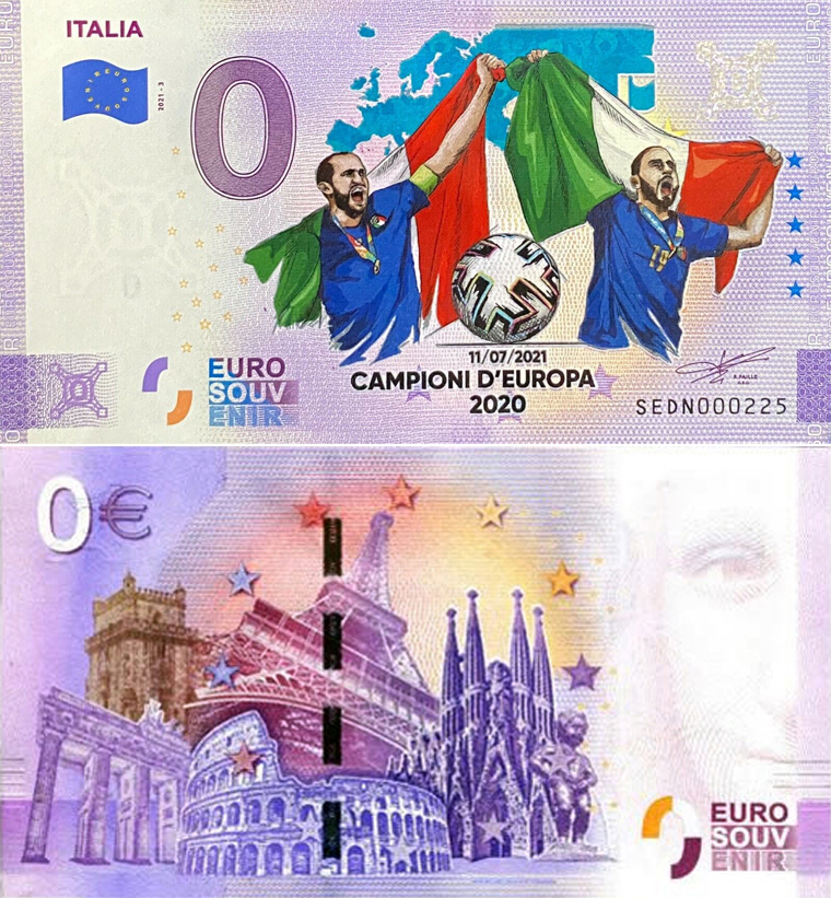 Banconota 0 Euro Italia Campione d'Europa 2020 - Italia 2021-3 (COLORATA) -  Italia - 2021 