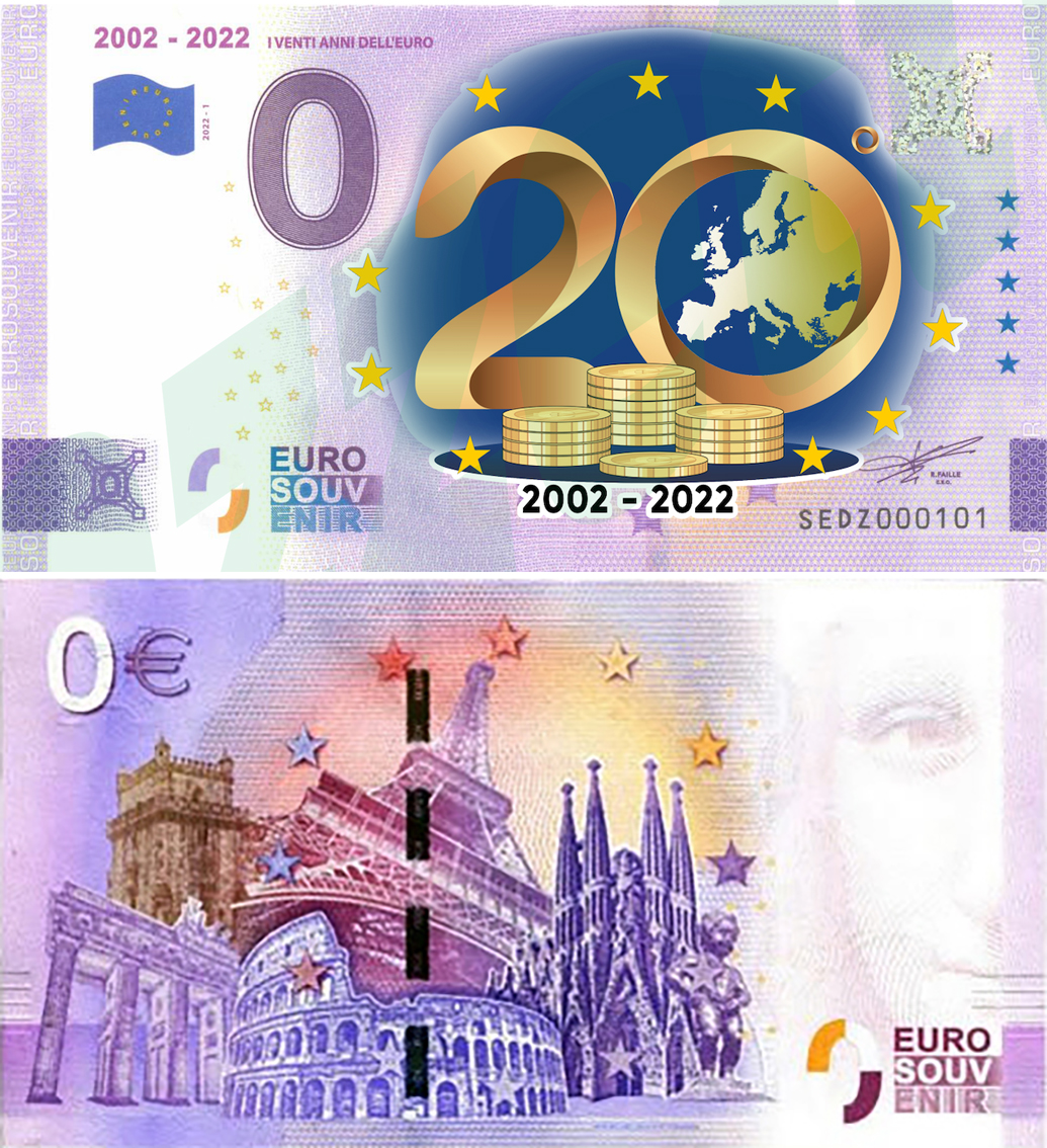 Banconota 0 Euro 2002-2022 "I Venti Anni dell'Euro" (COLORATA) -  Italia - 2022 