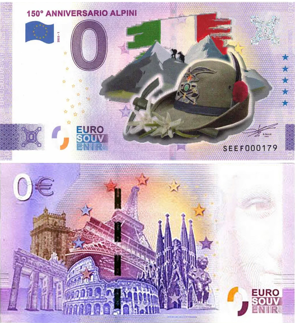 Banconota 0 Euro 150° Anniversario Alpini - 2022-1 (COLORATA) -  Italia - 2022 
