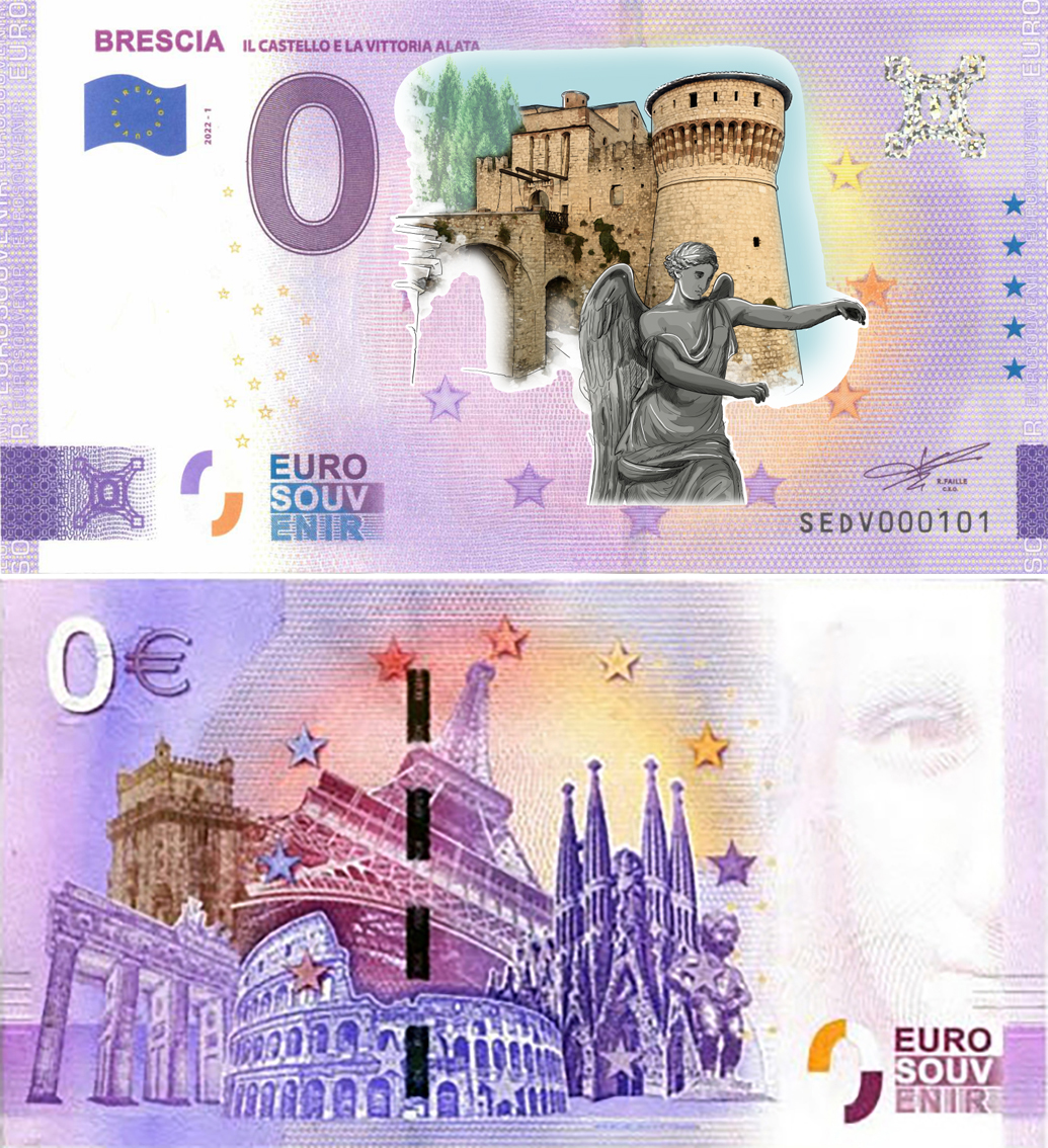 Banconota 0 Euro Brescia "Il Castello e la Vittoria Alata" (COLORATA) -  Italia - 2022 