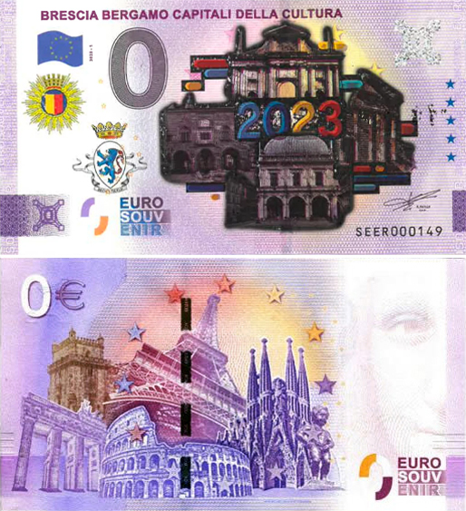 Banconota 0 Euro Brescia Bergamo Capitali della Cultura (COLORATA) -  Italia - 2023 