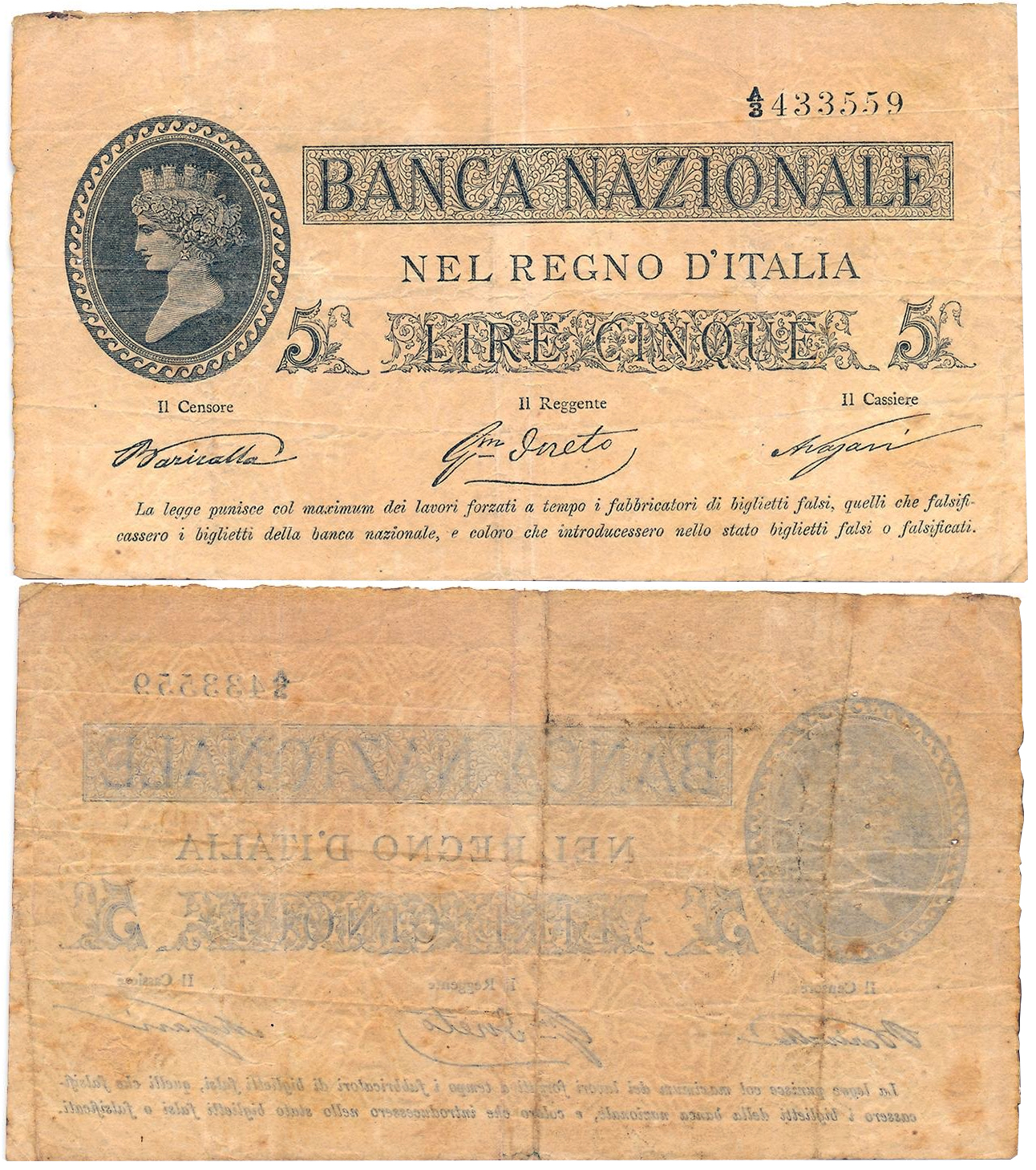 Banconota 5 Lire "Provvisorio" -  Regno d'Italia - 1866 