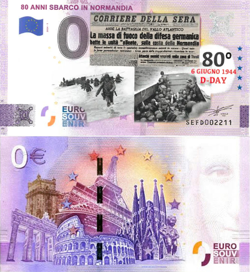 Banconota 0 Euro 80 Anni Sbarco in Normandia (COLORATA) -  Italia - 2024 