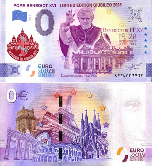 Banconota 0 Euro Pope Benwdict XVI - Edizione Speciale Giubileo 2025 -  Italia - 2024 