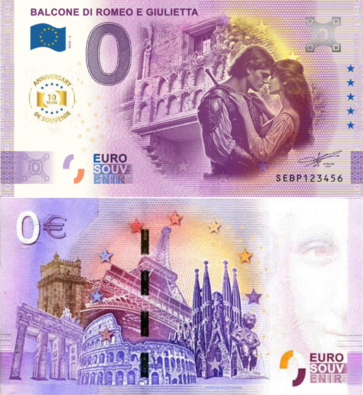 Banconota 0 Euro Balcone di Romeo e Giulietta - 10° Anniversario -  Italia - 2025 