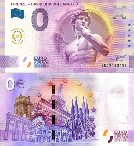 Banconota 0 Euro Firenze - David di Michelangelo - 10° Anniversario -  Italia - 2025 