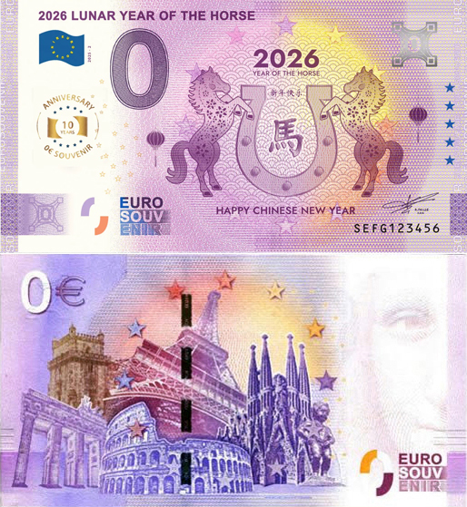 Banconota 0 Euro 2026 Lunar Year of the Horse - 10° Anniversario -  Italia - 2025 