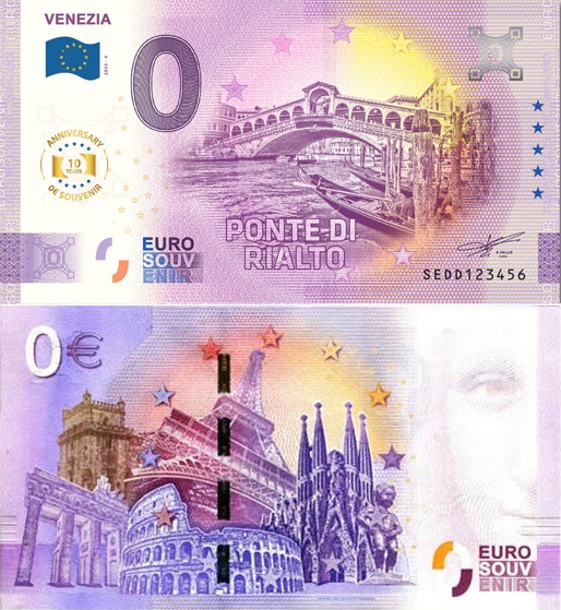 Banconota 0 Euro Venezia - Ponte di Rialto - 10° Anniversario -  Italia - 2025 