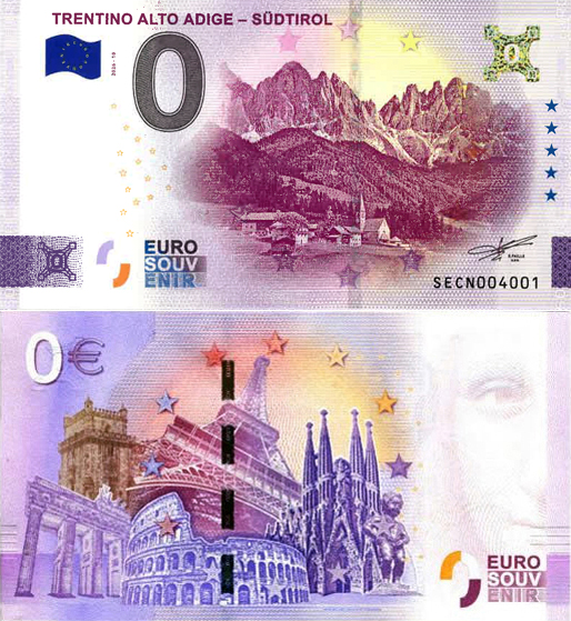 Banconota 0 Euro Trentino Alto Adige - Sudtirol - Ologramma Gold -  Italia - 2026 