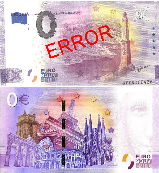 Banconota 0 Euro Liguria Il Porto Antico e la Lanterna di Genova - Errore di Stampa -  Italia - 2021 