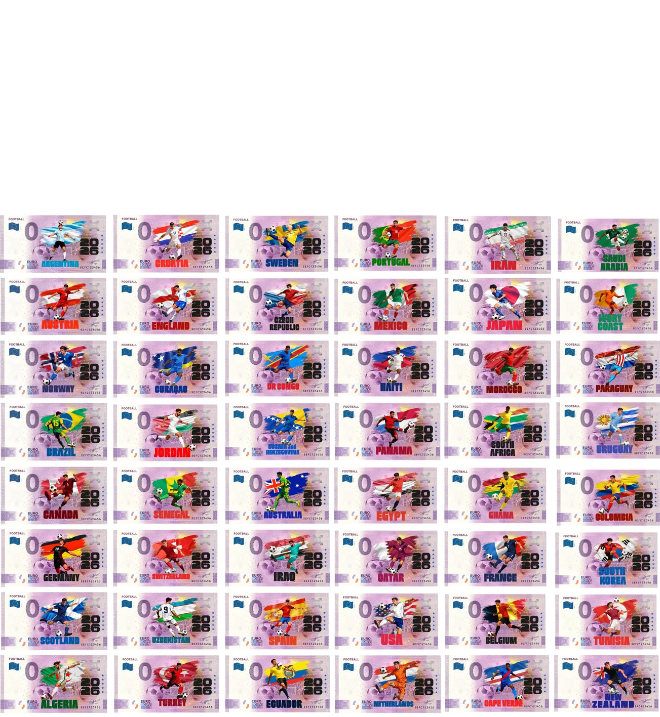 Banconota 0 Euro Football 2026 - Serie Completa (COLORATA) -  Italia - 2026 