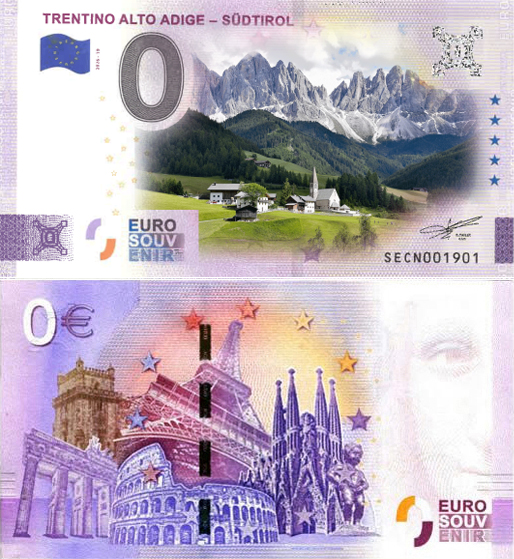 Banconota 0 Euro Trentino Alto Adige - Sudtirol (COLORATA) -  Italia - 2026 