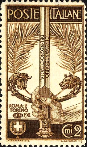 Francobollo Spada Impugnata da una Mano, l'Elsa Simboleggia Torino e Roma -  1911