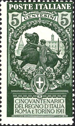 Francobollo Cavaliere Armato, sullo Sfondo Mole Antonelliana e Palazzo del Campidoglio -  1911