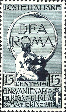Francobollo Scritta "Dea Roma" e Uomo che Scolpisce il Simbolo dell'Eternità -  1911