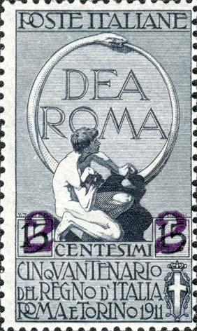 Francobollo Scritta "Dea Roma" e Uomo che Scolpisce il Simbolo dell'Eternità -  1913