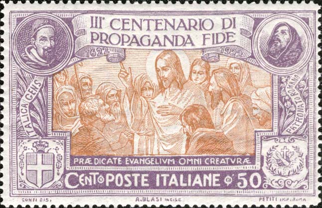Francobollo Gesù Invia gli Apostoli a Predicare il Vangelo, Effigie di San Francesco -  1923
