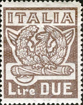 Francobollo Aquila Poggiata su Fasci e Corona di Foglie di Quercia e Alloro -  1923