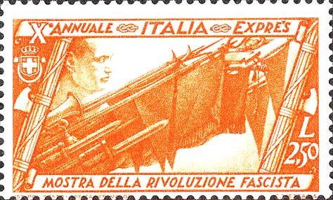 Francobollo Gagliardetti e Ritratto di Mussolini -  1932