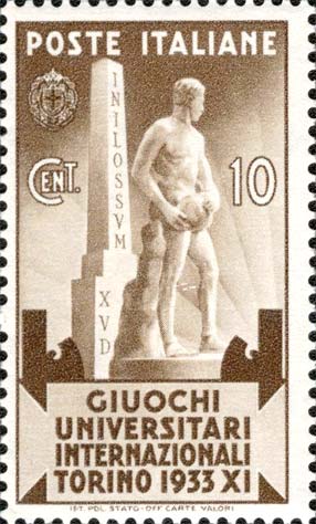 Francobollo Stele Mussolini e Statua -  1933