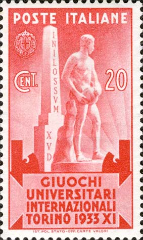 Francobollo Stele Mussolini e Statua -  1933