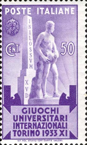 Francobollo Stele Mussolini e Statua -  1933