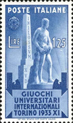 Francobollo Stele Mussolini e Statua -  1933