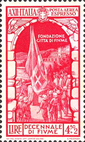 Francobollo Alzabandiera Davanti alla Sede della Fondazione di Fiume -  1934