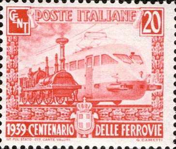 Francobollo Locomotiva Moderna e Locomotiva della Ferrovia Napoli Portici -  1939