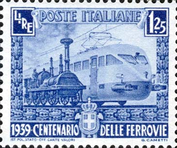 Francobollo Locomotiva Moderna e Locomotiva della Ferrovia Napoli Portici -  1939