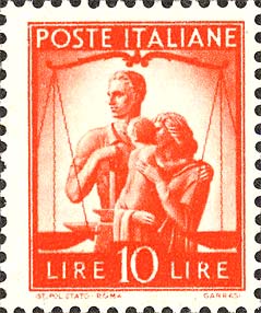 Francobollo Coppia con Bambino e Bilancia della Giustizia -  1947