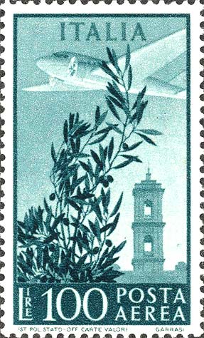 Francobollo Ulivo, Aeroplano e Torre del Campidoglio -  1948