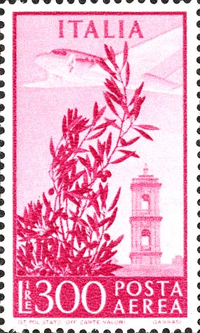 Francobollo Ulivo, Aeroplano e Torre del Campidoglio -  1948