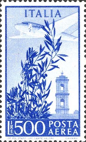 Francobollo Ulivo, Aeroplano e Torre del Campidoglio -  1948