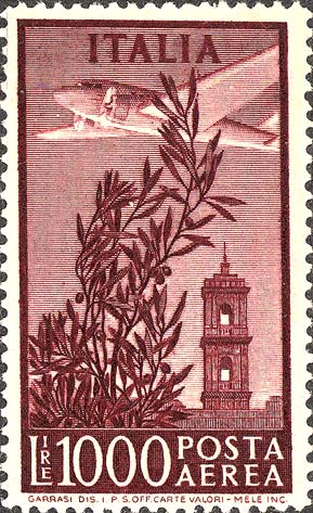 Francobollo Ulivo, Aeroplano e Torre del Campidoglio -  1948
