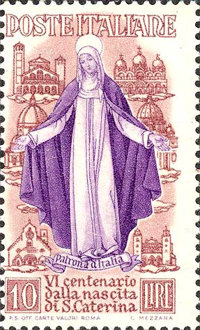 Francobollo Santa Caterina in Atteggiamento Ieratico -  1948